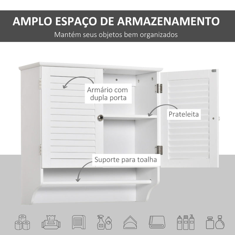 Kleanklin Armário Casa de Banho de Parede com 2 Portas de Persiana Prateleira Interior e Barra para Toalhas Móvel Auxiliar Suspenso Moderno Multiuso para Cozinha 60x23x60cm Branco