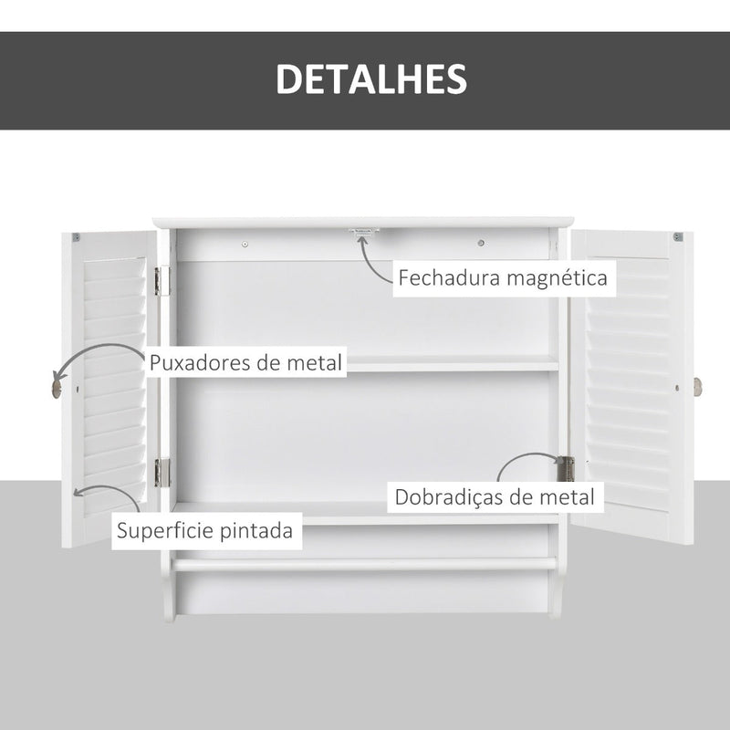 Kleanklin Armário Casa de Banho de Parede com 2 Portas de Persiana Prateleira Interior e Barra para Toalhas Móvel Auxiliar Suspenso Moderno Multiuso para Cozinha 60x23x60cm Branco