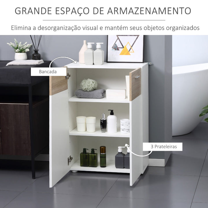 Armário Casa de Banho com 2 Portas e Prateleiras Interiores Ajustáveis Móvel Auxiliar de Madeira Multiuso para Sala de Estar Cozinha Sala de Jantar 60x30x85cm Branco e Madeira Natural