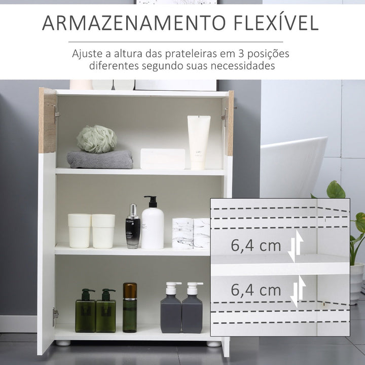 Armário Casa de Banho com 2 Portas e Prateleiras Interiores Ajustáveis Móvel Auxiliar de Madeira Multiuso para Sala de Estar Cozinha Sala de Jantar 60x30x85cm Branco e Madeira Natural