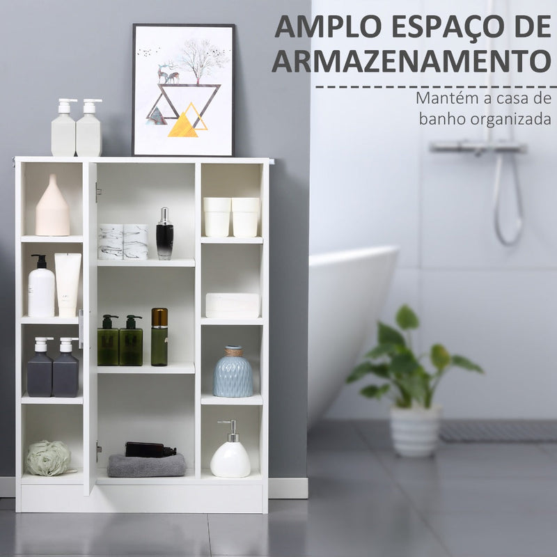 Armário Casa de Banho de Madeira com 8 Prateleiras Abertas e 1 Porta com Prateleiras Ajustáveis Móvel Auxiliar Multiuso para Cozinha Sala de Estar 71x22x100cm Branco