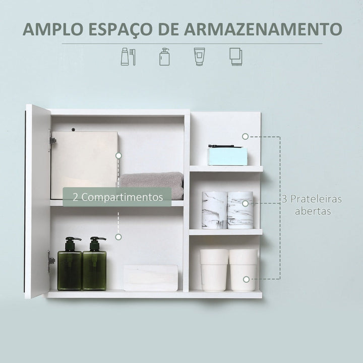 Armário Casa de Banho com Espelho Montado na Parede com 3 Prateleiras Abertas e 1 Porta com Prateleira Interior Estilo Moderno 60x18x50cm Branco
