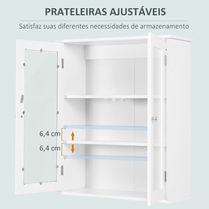 Kleanklin Armário Casa de Banho de Parede com 2 Portas de Cristal Armário Suspenso com Prateleiras Ajustáveis em Altura Multiuso para Cozinhas Sala de Estar 55x20x65cm Branco