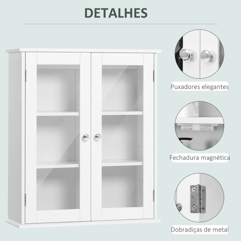 Kleanklin Armário Casa de Banho de Parede com 2 Portas de Cristal Armário Suspenso com Prateleiras Ajustáveis em Altura Multiuso para Cozinhas Sala de Estar 55x20x65cm Branco