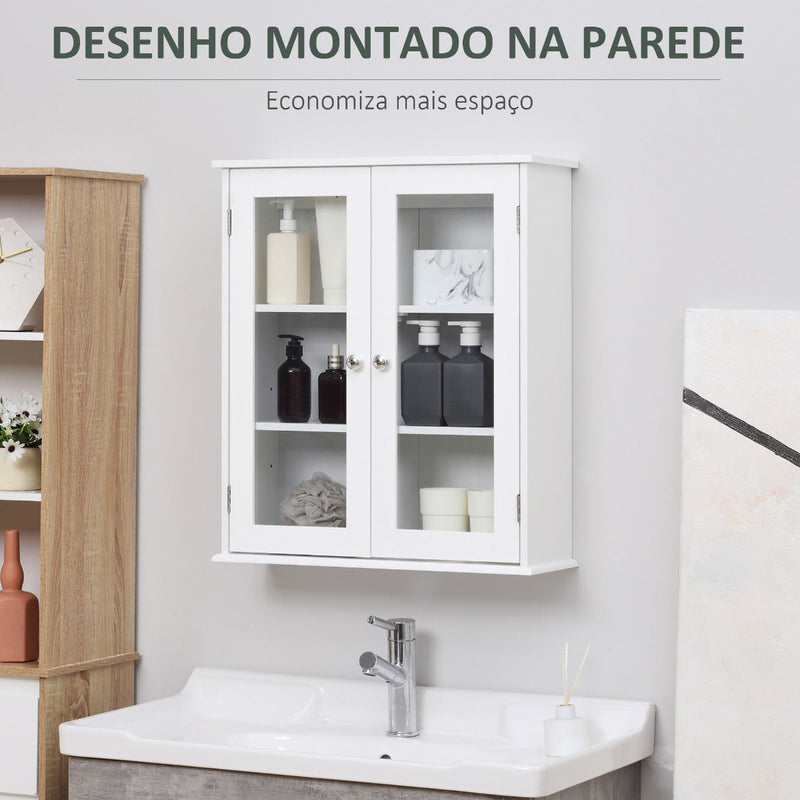 Kleanklin Armário Casa de Banho de Parede com 2 Portas de Cristal Armário Suspenso com Prateleiras Ajustáveis em Altura Multiuso para Cozinhas Sala de Estar 55x20x65cm Branco