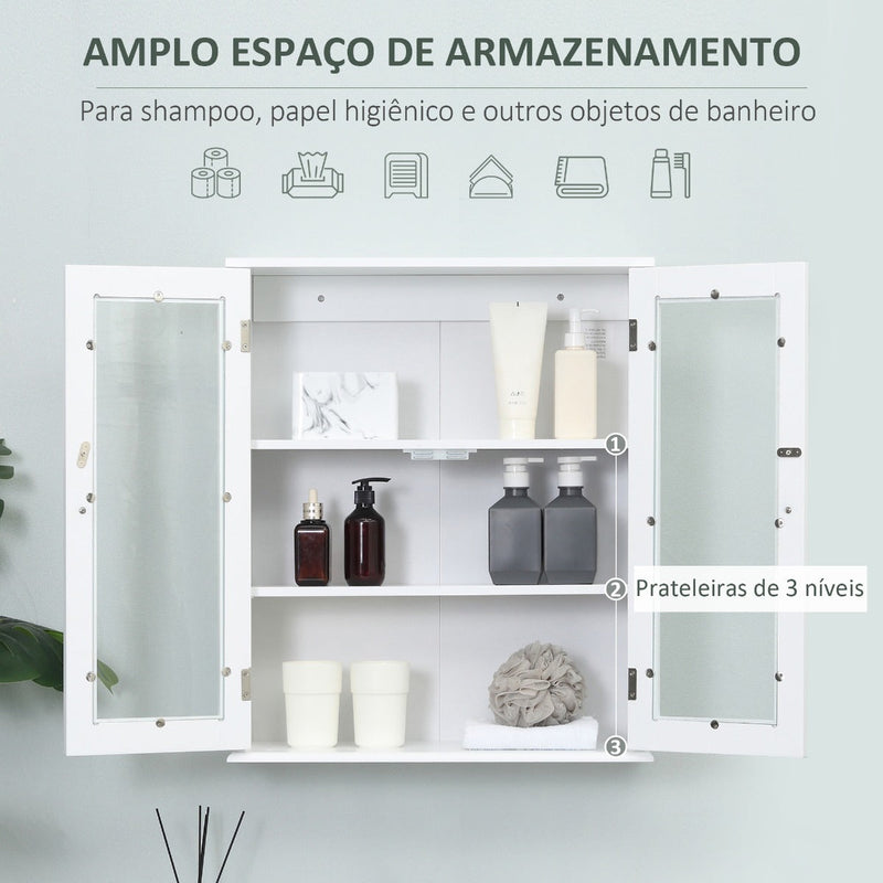 Kleanklin Armário Casa de Banho de Parede com 2 Portas de Cristal Armário Suspenso com Prateleiras Ajustáveis em Altura Multiuso para Cozinhas Sala de Estar 55x20x65cm Branco