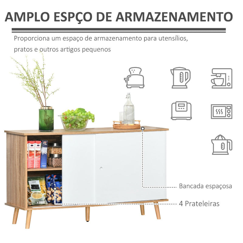 Móvel Aparador tipo Buffet para Sala de Jantar Cozinha com 2 Portas Corredeiras Prateleiras Interior Ajustáveis e Pés de Madeira 130x40x74,5cm Natural e Branco