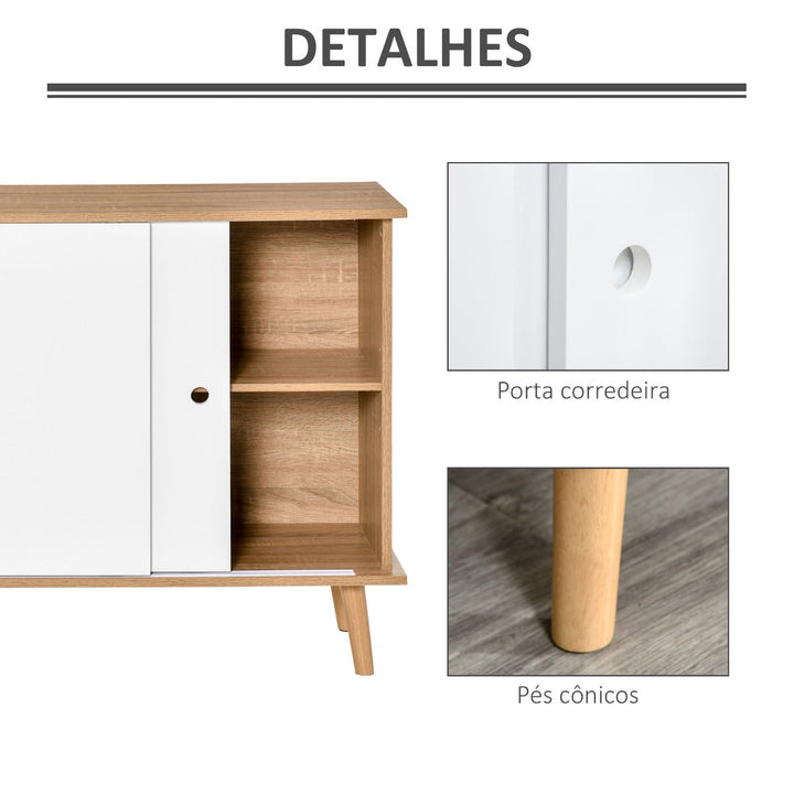 Móvel Aparador tipo Buffet para Sala de Jantar Cozinha com 2 Portas Corredeiras Prateleiras Interior Ajustáveis e Pés de Madeira 130x40x74,5cm Natural e Branco