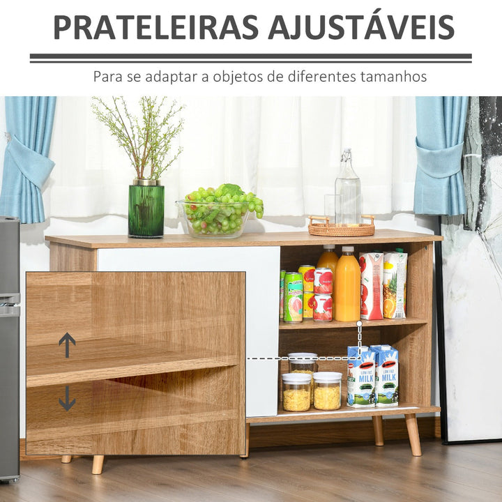 Móvel Aparador tipo Buffet para Sala de Jantar Cozinha com 2 Portas Corredeiras Prateleiras Interior Ajustáveis e Pés de Madeira 130x40x74,5cm Natural e Branco