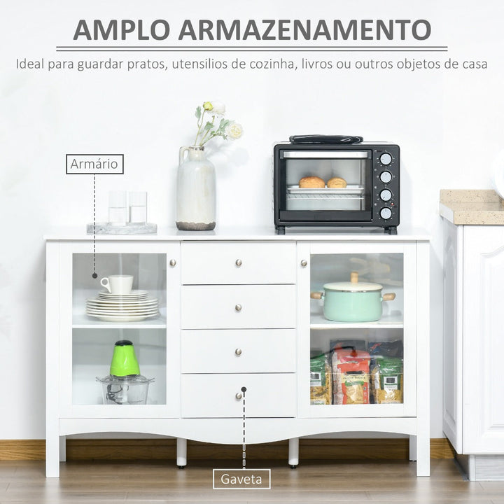 Aparador de Cozinha Armário Buffet com 2 Armários Porta de Vidro Prateleira Interior Ajustável e 4 Gavetas para Sala de Jantar Sala de Estar 136x45x85cm Branco