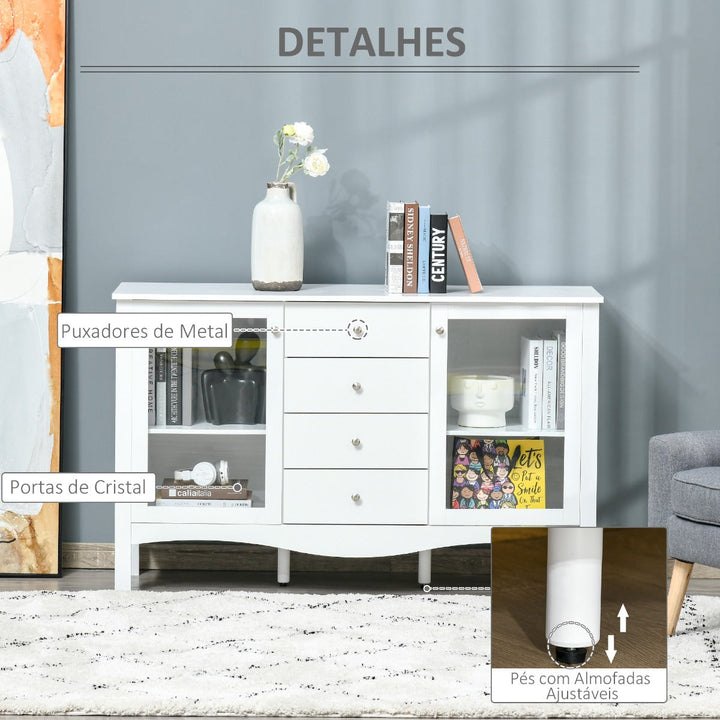 Aparador de Cozinha Armário Buffet com 2 Armários Porta de Vidro Prateleira Interior Ajustável e 4 Gavetas para Sala de Jantar Sala de Estar 136x45x85cm Branco
