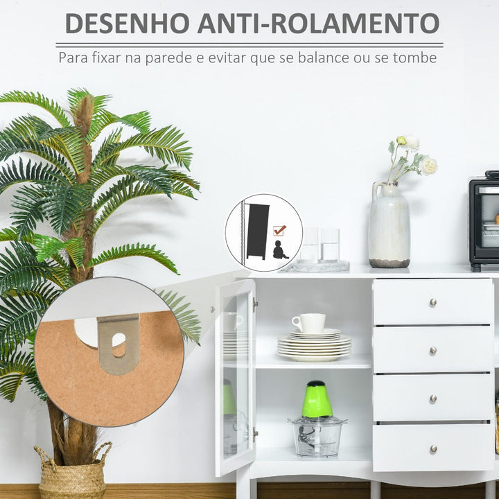 Aparador de Cozinha Armário Buffet com 2 Armários Porta de Vidro Prateleira Interior Ajustável e 4 Gavetas para Sala de Jantar Sala de Estar 136x45x85cm Branco