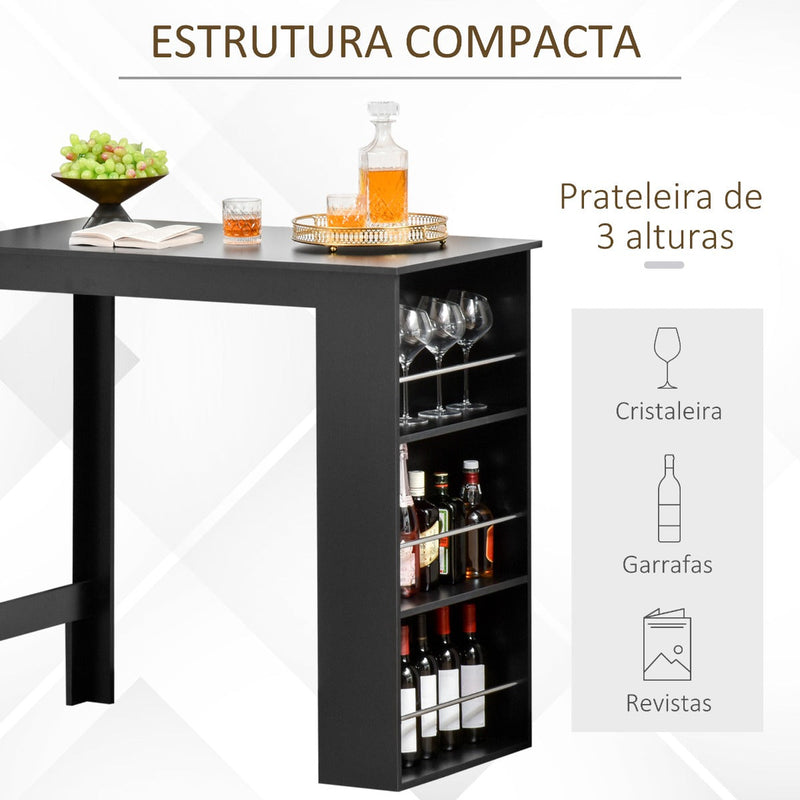 Mesa de Bar de Bistrô com 3 Prateleiras com Suporte Estilo Moderno para Cozinha Sala de Jantar Sala de Estar Estrutura de Melamina 112x57x106cm Preto