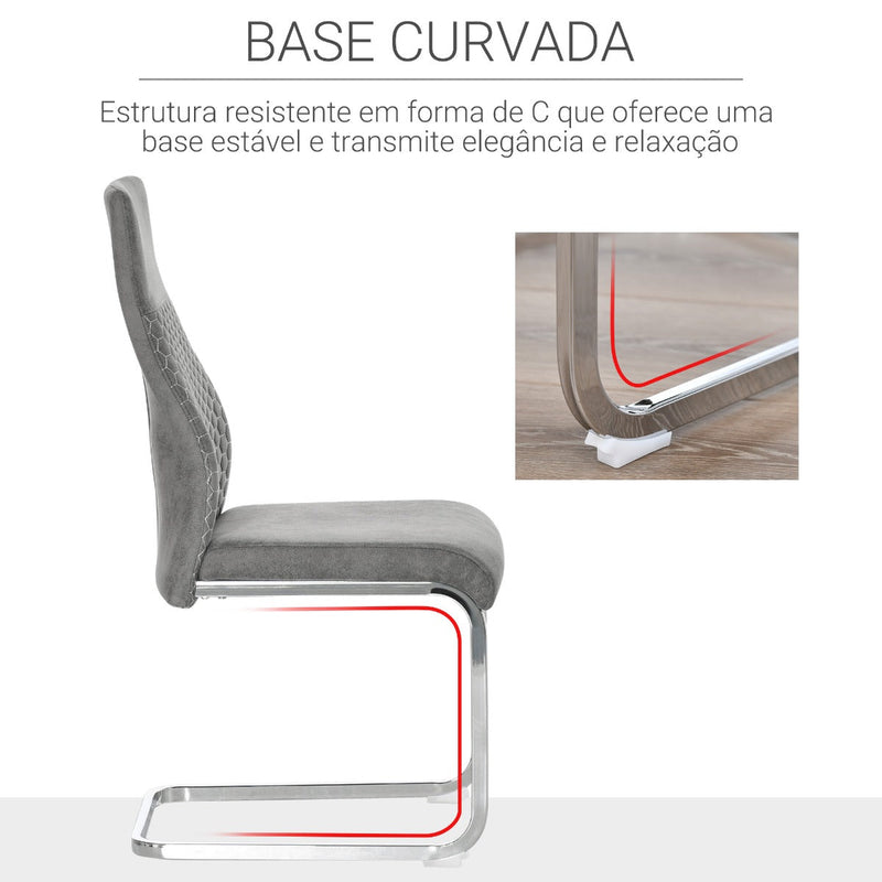 Conjunto de 4 Cadeiras de Sala de Jantar Estofadas em Veludo com Assento Acolchoado e Pés de Metal Cadeiras Cantilever Modernas 45x61x98cm Cinza