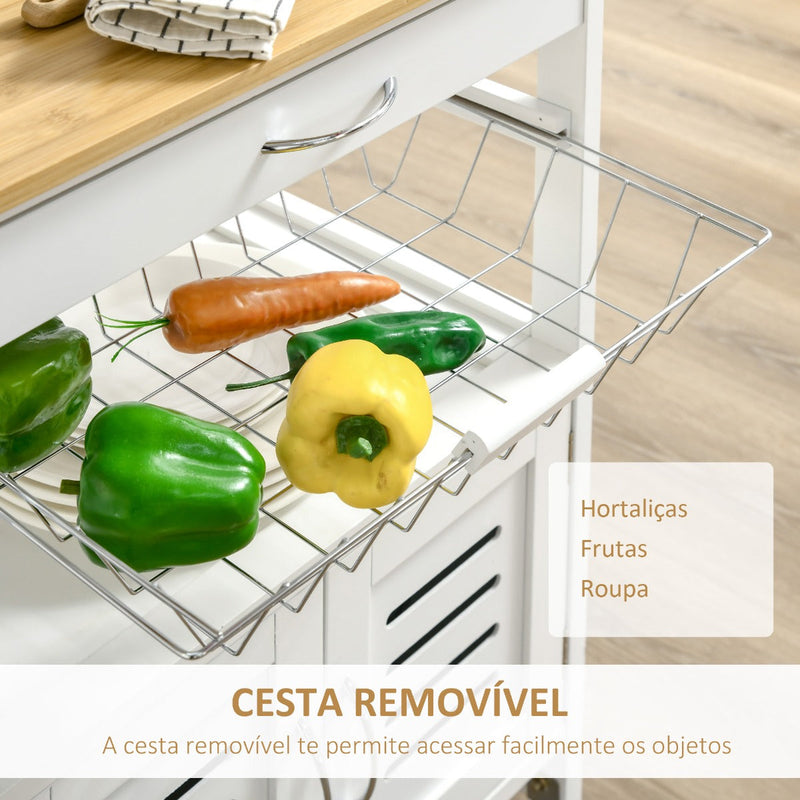 Carrinho de Cozinha com Rodas Carro de Armazenamento Multiúso com Bancada de Bambu Gaveta Cesta Metálica e Armário de 2 Portas de Persiana 58x37x83cm Branco