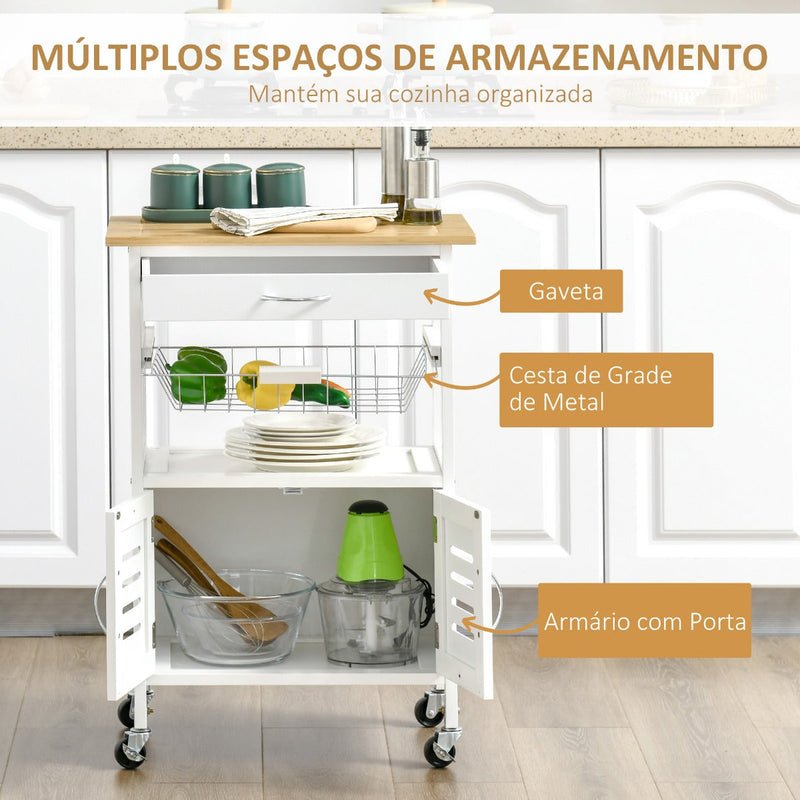 Carrinho de Cozinha com Rodas Carro de Armazenamento Multiúso com Bancada de Bambu Gaveta Cesta Metálica e Armário de 2 Portas de Persiana 58x37x83cm Branco