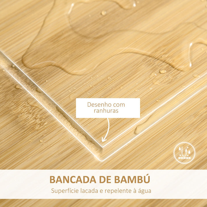 Carrinho de Cozinha com Rodas Carro de Armazenamento Multiúso com Bancada de Bambu Gaveta Cesta Metálica e Armário de 2 Portas de Persiana 58x37x83cm Branco