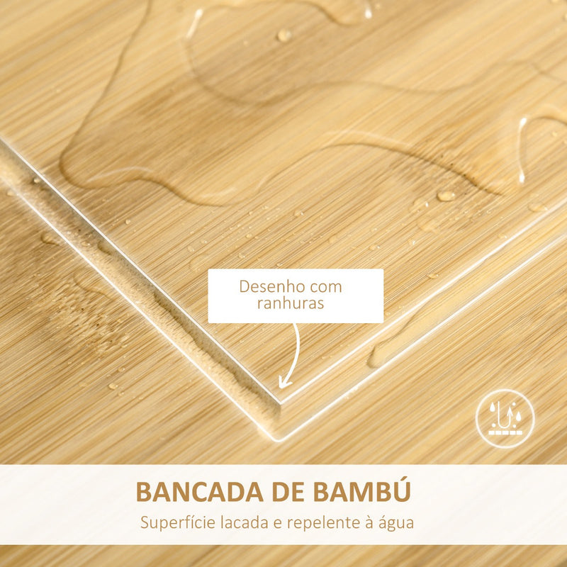 Carrinho de Cozinha com Rodas Carro de Armazenamento Multiúso com Bancada de Bambu Gaveta Cesta Metálica e Armário de 2 Portas de Persiana 58x37x83cm Branco