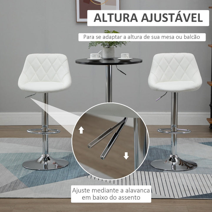Conjunto de 2 Bancos de Bar Giratórios com Altura Ajustável Bancos Altos Moderno de Cozinha com Base Redonda e Apoio para os Pés 51,5x48x83-104cm Branco