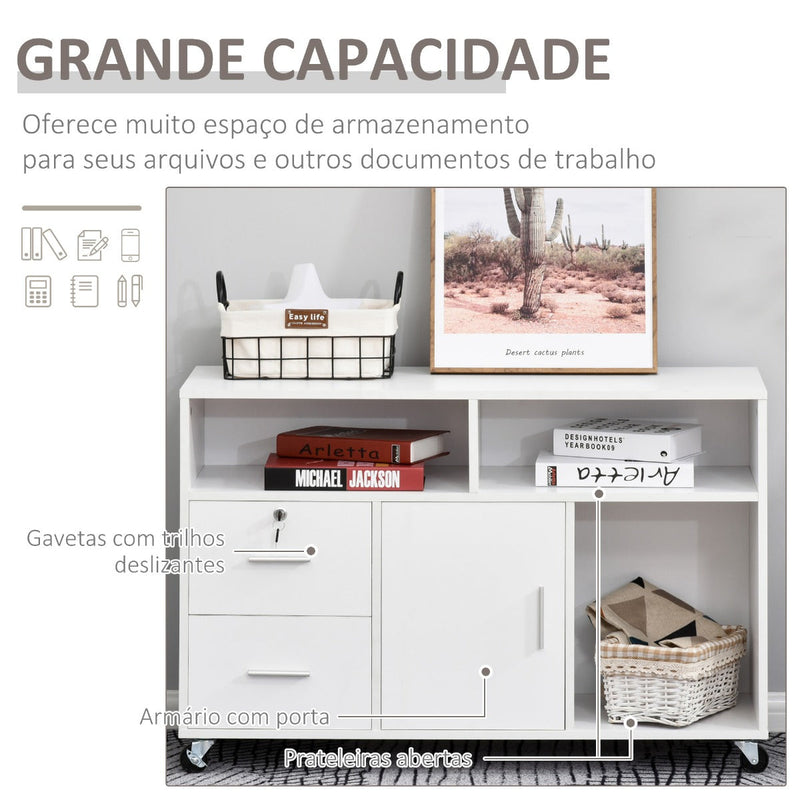 Móvel Auxiliar de Escritório Móvel Arquivador com Rodas Prateleiras Gaveta e Armário Multiuso com Grande Armazenamento 100x35x65cm Branco