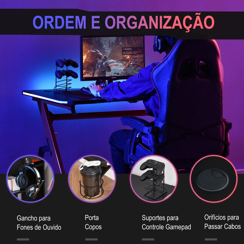 Mesa de Gaming com LED RGB Secretária de Computador com Porta Copos Gancho para Fone de Ouvido Suporte para Controle Gamepad e Luz com Controle Remoto 120x66x76cm Preto e Vermelho