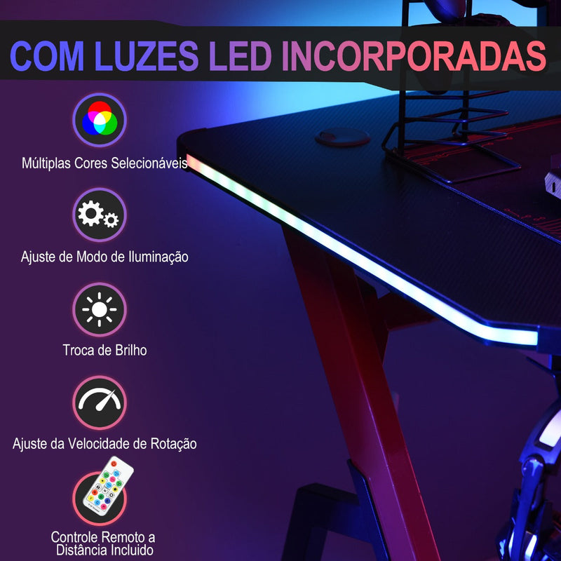 Mesa de Gaming com LED RGB Secretária de Computador com Porta Copos Gancho para Fone de Ouvido Suporte para Controle Gamepad e Luz com Controle Remoto 120x66x76cm Preto e Vermelho