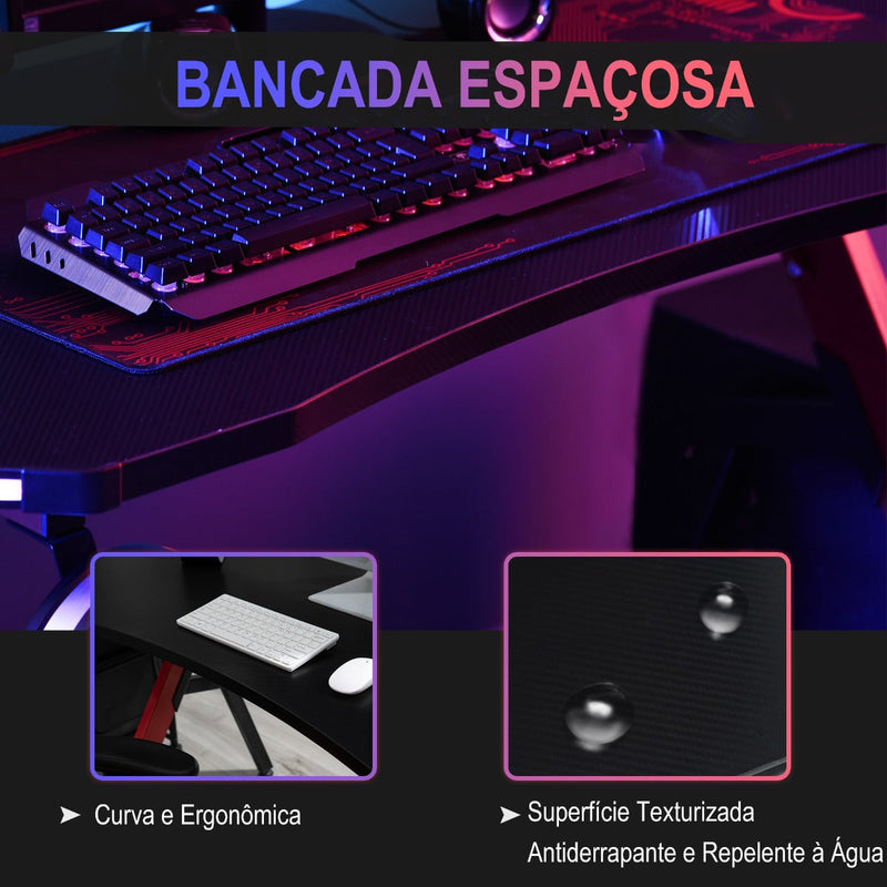 Mesa de Gaming com LED RGB Secretária de Computador com Porta Copos Gancho para Fone de Ouvido Suporte para Controle Gamepad e Luz com Controle Remoto 120x66x76cm Preto e Vermelho