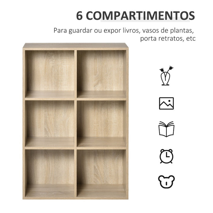 Estante para Livros Estante de Madeira de 3 Níveis com 6 Compartimentos de Armazenamento para Sala de Estar Dormitório Escritório 65,5x30x97,5cm Carvalho