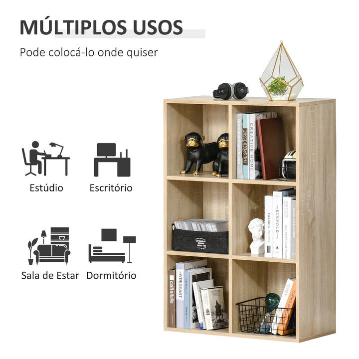Estante para Livros Estante de Madeira de 3 Níveis com 6 Compartimentos de Armazenamento para Sala de Estar Dormitório Escritório 65,5x30x97,5cm Carvalho