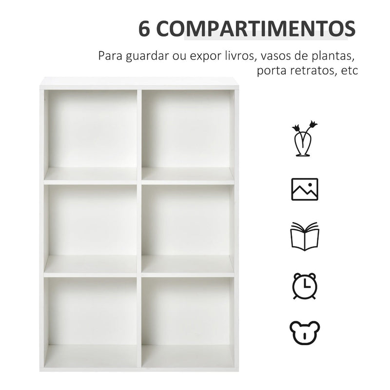 Estante para Livros Estante de Madeira de 3 Níveis com 6 Compartimentos de Armazenamento para Sala de Estar Dormitório Escritório 65,5x30x97,5cm Branco