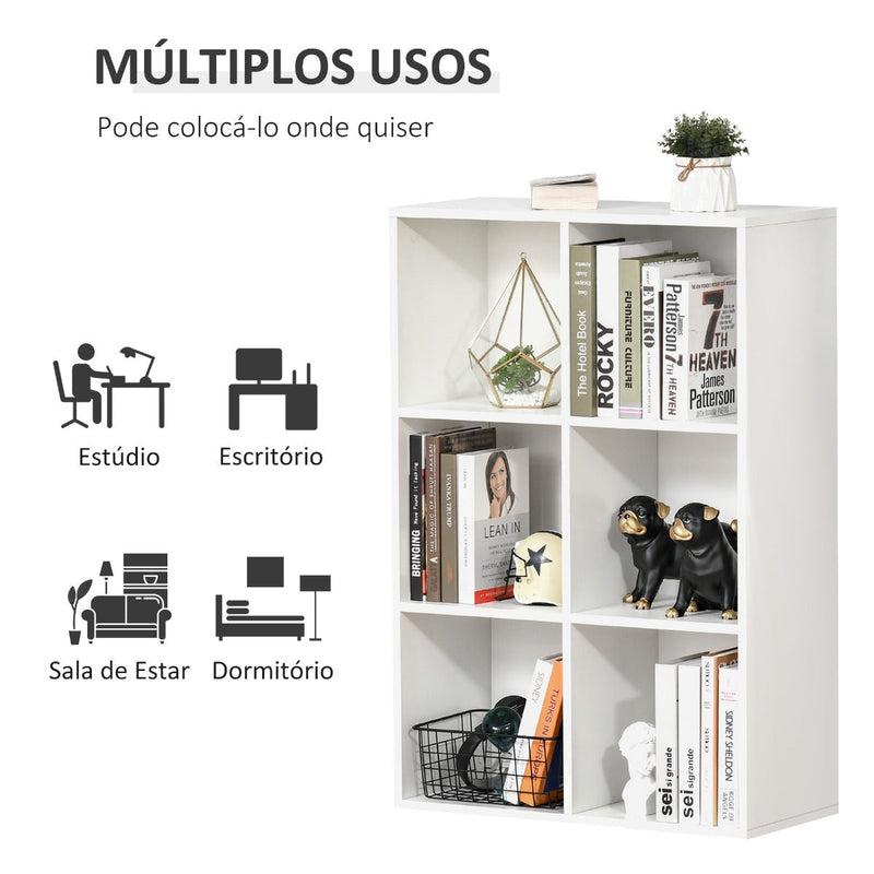 Estante para Livros Estante de Madeira de 3 Níveis com 6 Compartimentos de Armazenamento para Sala de Estar Dormitório Escritório 65,5x30x97,5cm Branco