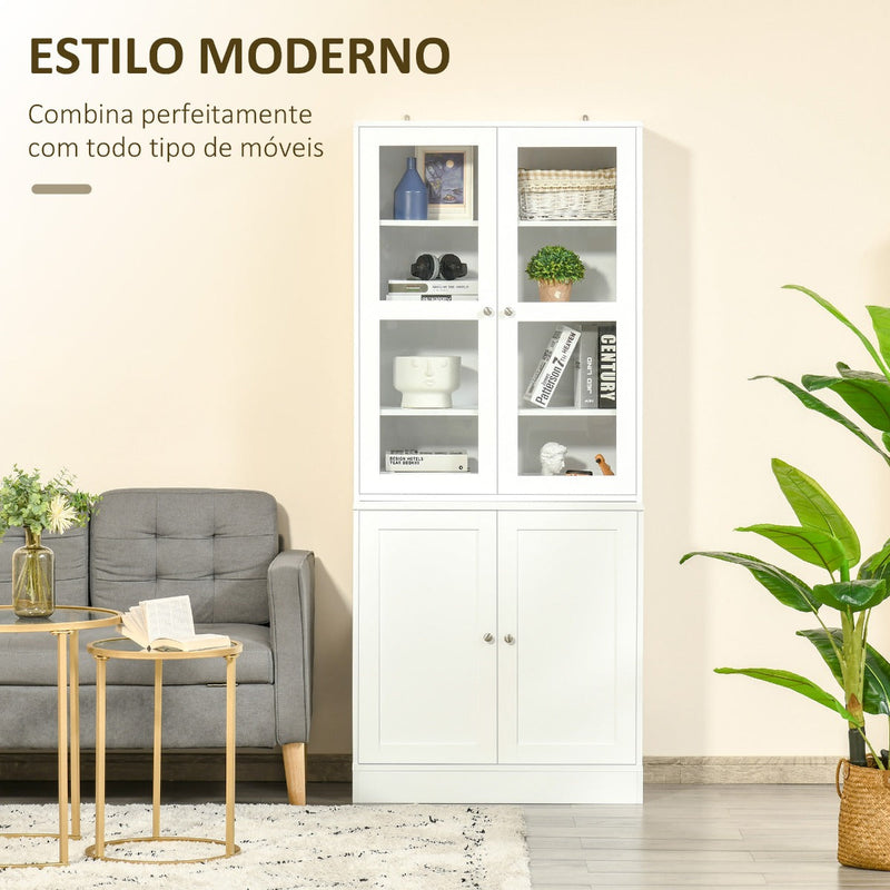 Vitrine para Sala de Estar Estante de Livros com 4 Portas e Prateleiras Superiores com Altura Ajustável Estilo Moderno Multiúso para Cozinha Escritório Dormitório 76x40x178,5 Branco