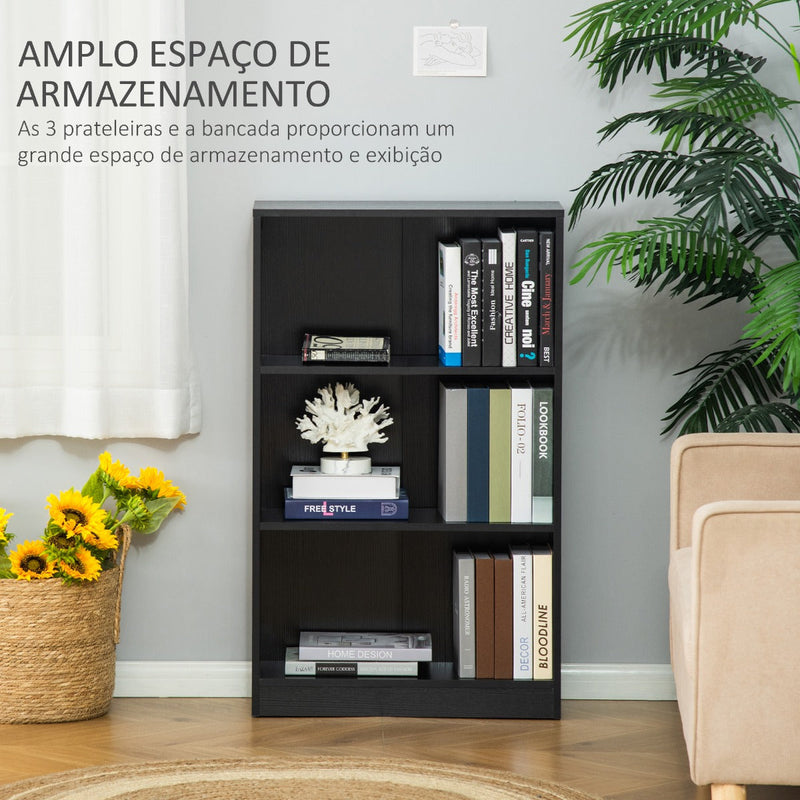 Estante para Livros com 3 Compartimentos de Armazenamento Livros Plantas para Sala de Estar Estúdio Dormitório 62,2x24x102,4cm Preto