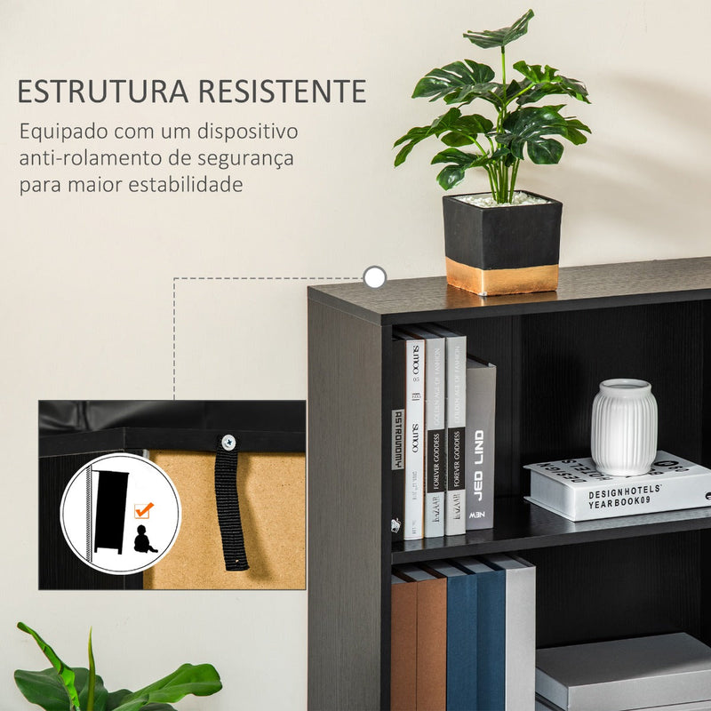 Estante para Livros com 3 Compartimentos de Armazenamento Livros Plantas para Sala de Estar Estúdio Dormitório 62,2x24x102,4cm Preto