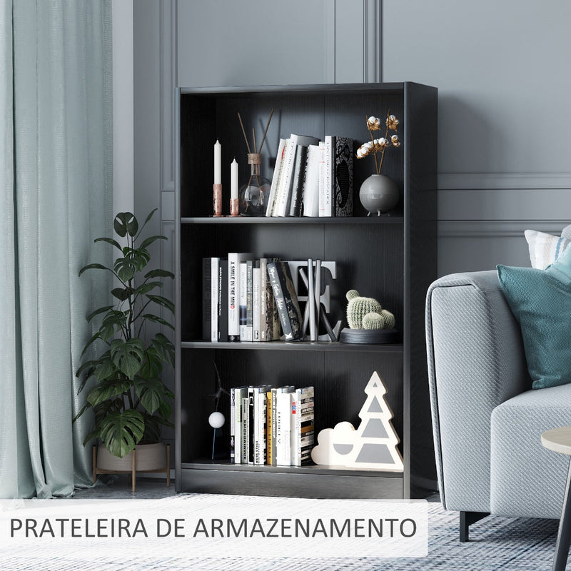 Estante para Livros com 3 Compartimentos de Armazenamento Livros Plantas para Sala de Estar Estúdio Dormitório 62,2x24x102,4cm Preto