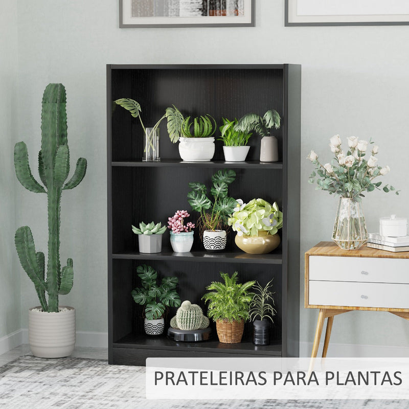 Estante para Livros com 3 Compartimentos de Armazenamento Livros Plantas para Sala de Estar Estúdio Dormitório 62,2x24x102,4cm Preto