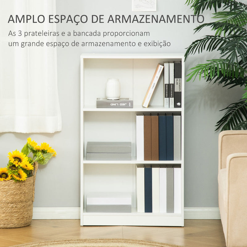 Estante para Livros com 3 Compartimentos de Armazenamento Livros Plantas para Sala de Estar Estúdio Dormitório 62,2x24x102,4cm Branco