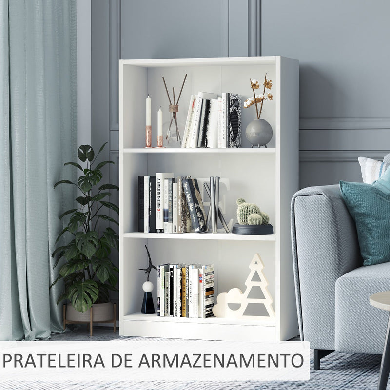 Estante para Livros com 3 Compartimentos de Armazenamento Livros Plantas para Sala de Estar Estúdio Dormitório 62,2x24x102,4cm Branco