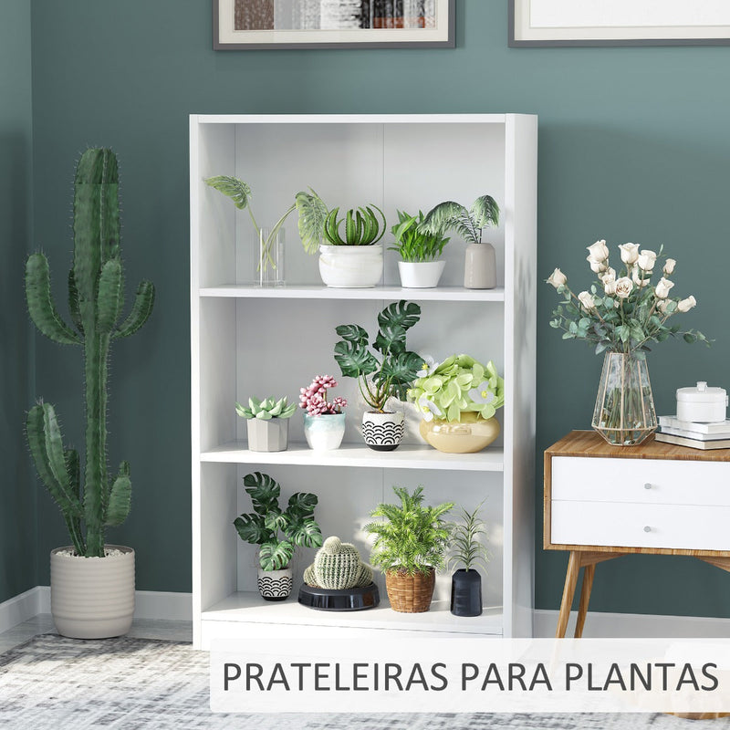 Estante para Livros com 3 Compartimentos de Armazenamento Livros Plantas para Sala de Estar Estúdio Dormitório 62,2x24x102,4cm Branco