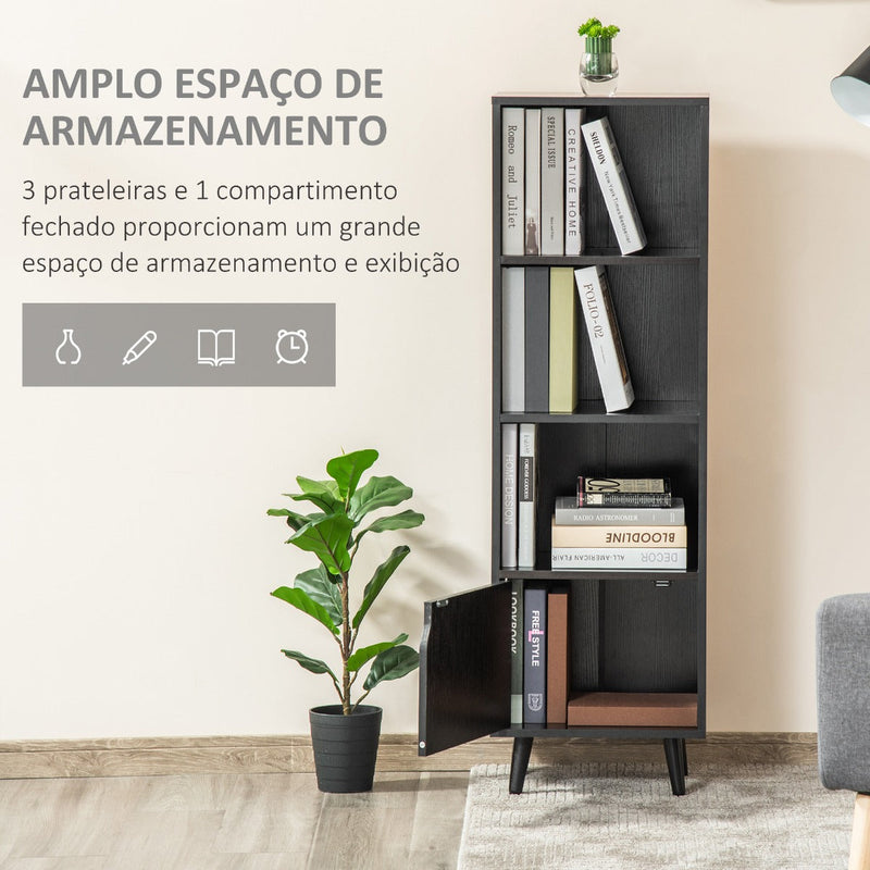 Estante com 3 Prateleiras Abertas e 1 Fechada com Porta Estante de Estilo Moderno para Armazenamento de Livros Brinquedos Plantas 40x30x129,5cm Preto