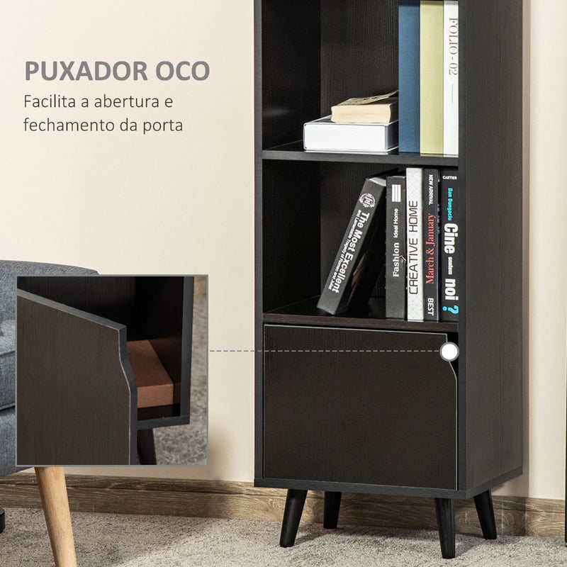 Estante com 3 Prateleiras Abertas e 1 Fechada com Porta Estante de Estilo Moderno para Armazenamento de Livros Brinquedos Plantas 40x30x129,5cm Preto