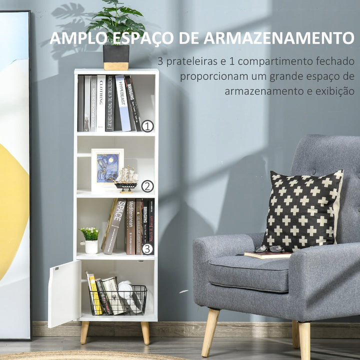 Estante com 3 Prateleiras Abertas e 1 Fechada com Porta Estante de Estilo Moderno para Armazenamento de Livros Brinquedos Plantas 40x30x129,5cm Branco