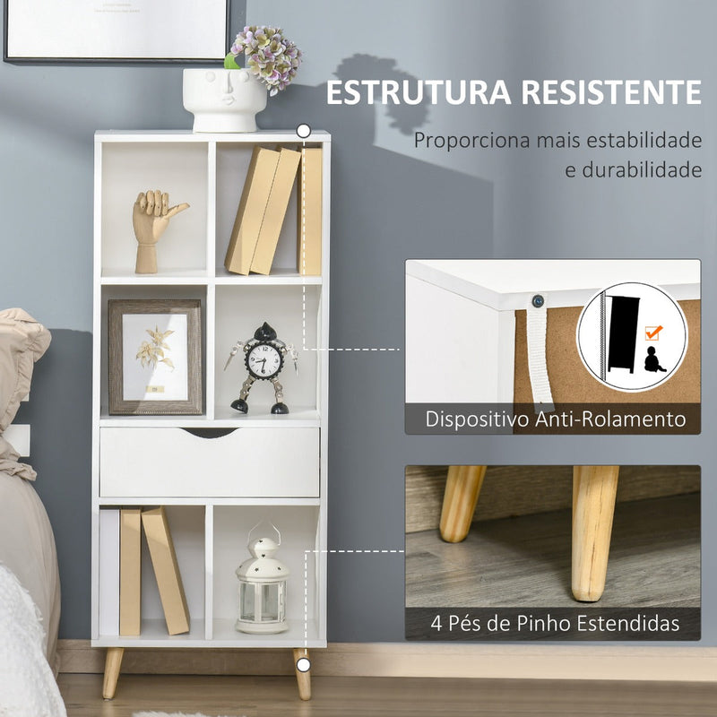 Estante para Livros com 6 Compartimentos Abertos 1 Gaveta e Pés de Madeira para Armazenamento de Brinquedos CDs Plantas 50x29,5x120cm Branco