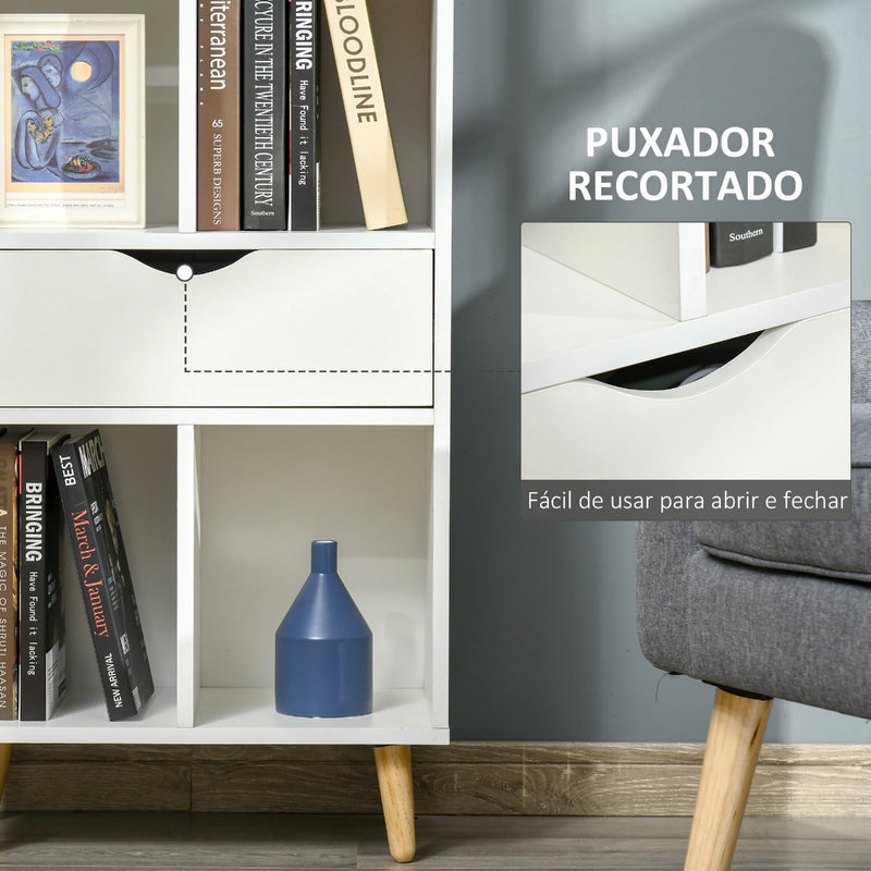 Estante para Livros com 6 Compartimentos Abertos 1 Gaveta e Pés de Madeira para Armazenamento de Brinquedos CDs Plantas 50x29,5x120cm Branco