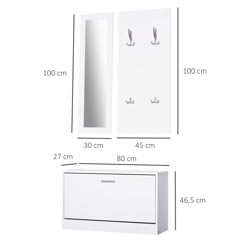 Conjunto de móveis de entrada 3 em 1 com sapateira com espelho e cabide com 4 ganchos para pendurar ropa para corredor 80x27x46,5 cm Branco