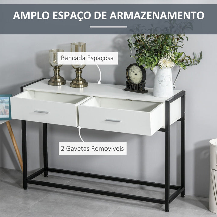 Consola Mesa de Entrada 120x34x81cm com 2 Gavetas e Pés Ajustáveis Móvel de Entrada de Estilo Moderno para Corredor Entrada Branco e Preto