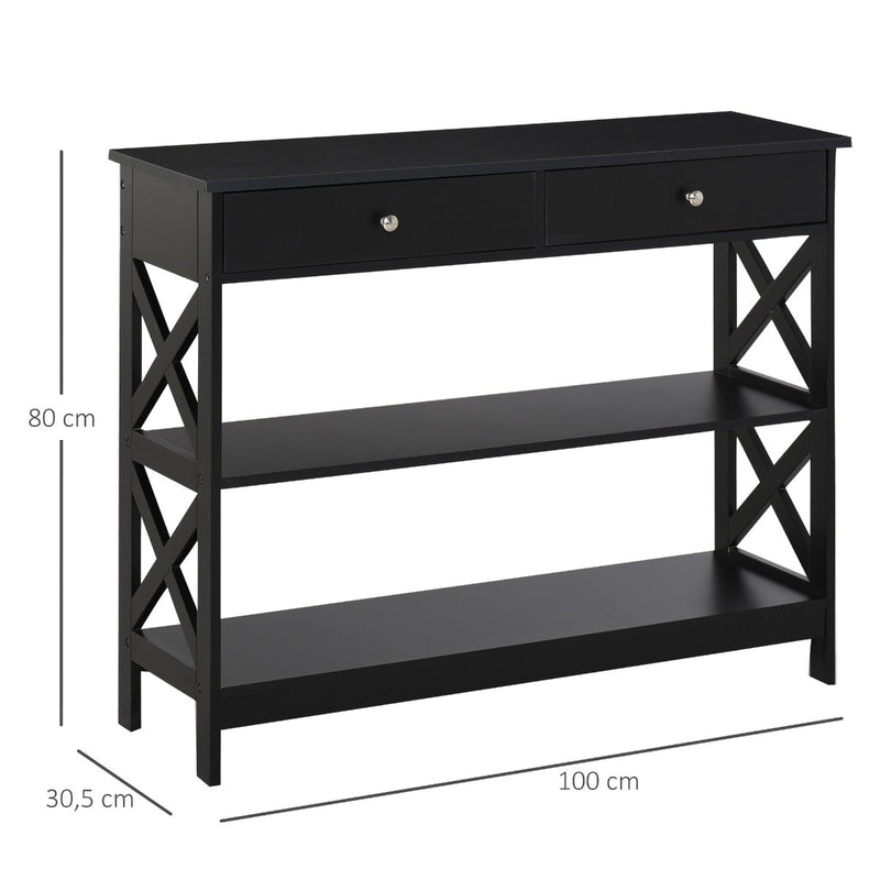 Consola de Entrada com 2 Gavetas e 2 Prateleiras Inferiores Mobiliário Moderno Base Elevada Anti-Inclinação 100x30,5x80 cm Preto