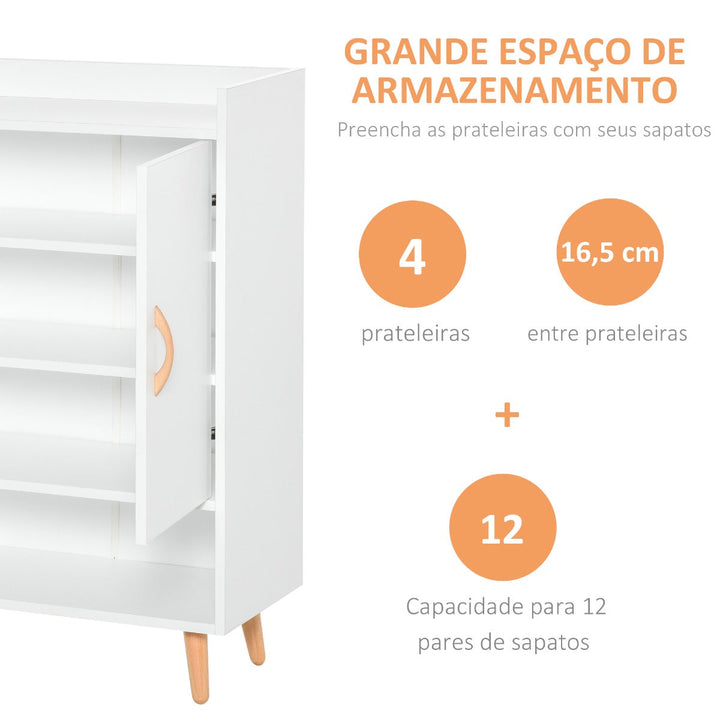 Móvel Sapateiro de 2 Portas Moderno Móvel Auxiliar para 12 Pares de Sapatos com 4 Prateleiras para Entrada Sala de Estar Dormitório 60x30x92cm Branco