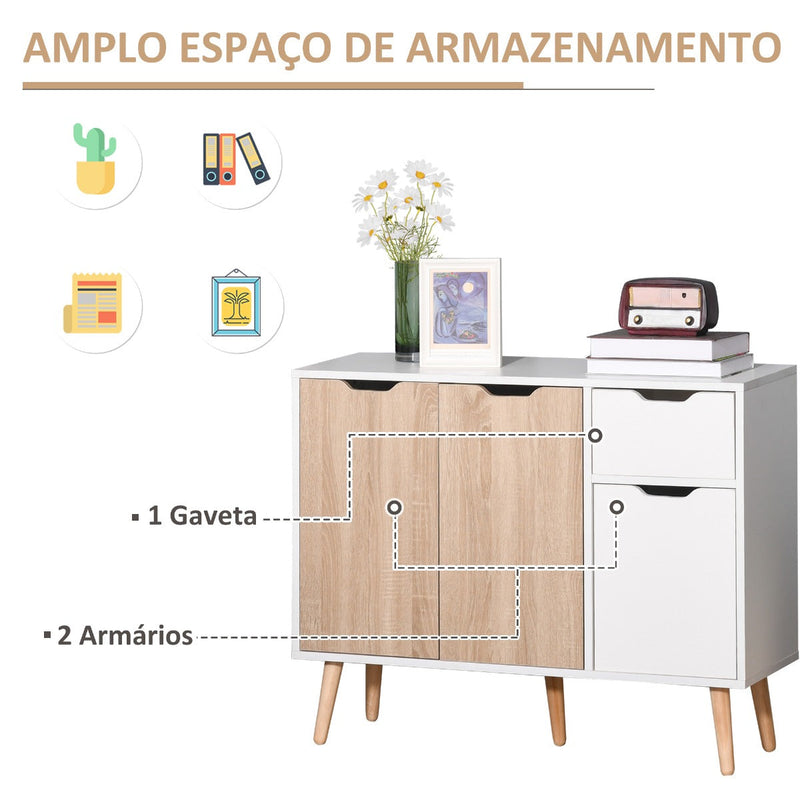 Aparador Móvel Auxiliar de Armazenamento com 2 Armários de Porta Gaveta Pés de Madeira para Sala de Estar Cozinha Dormitório 90x30x72cm Natural e Branco