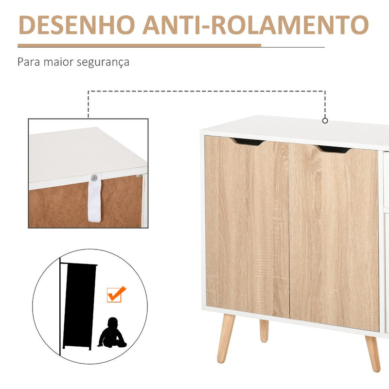 Aparador Móvel Auxiliar de Armazenamento com 2 Armários de Porta Gaveta Pés de Madeira para Sala de Estar Cozinha Dormitório 90x30x72cm Natural e Branco